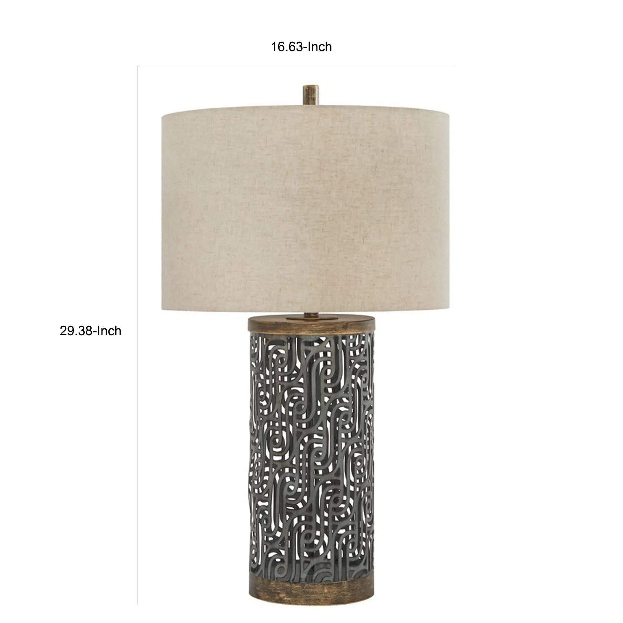 150 Watt Metal Body Table  Lamp With Network Design Gray And Beige By Benzara
