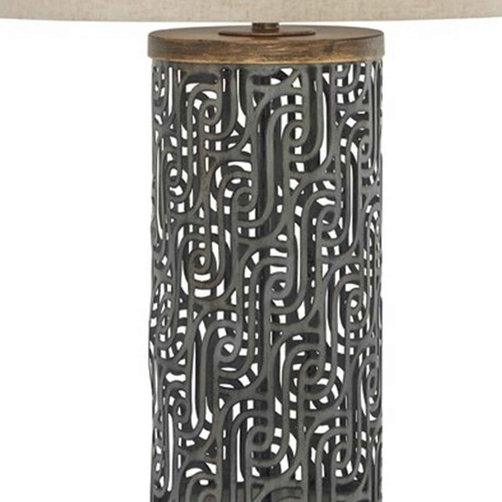 150 Watt Metal Body Table  Lamp With Network Design Gray And Beige By Benzara