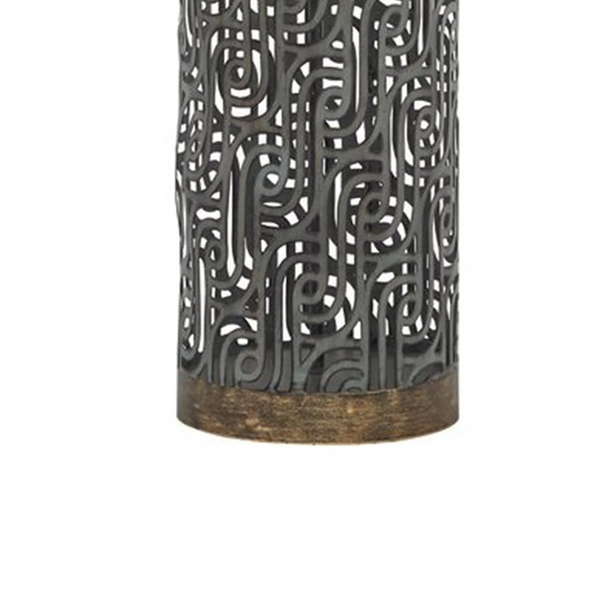 150 Watt Metal Body Table  Lamp With Network Design Gray And Beige By Benzara