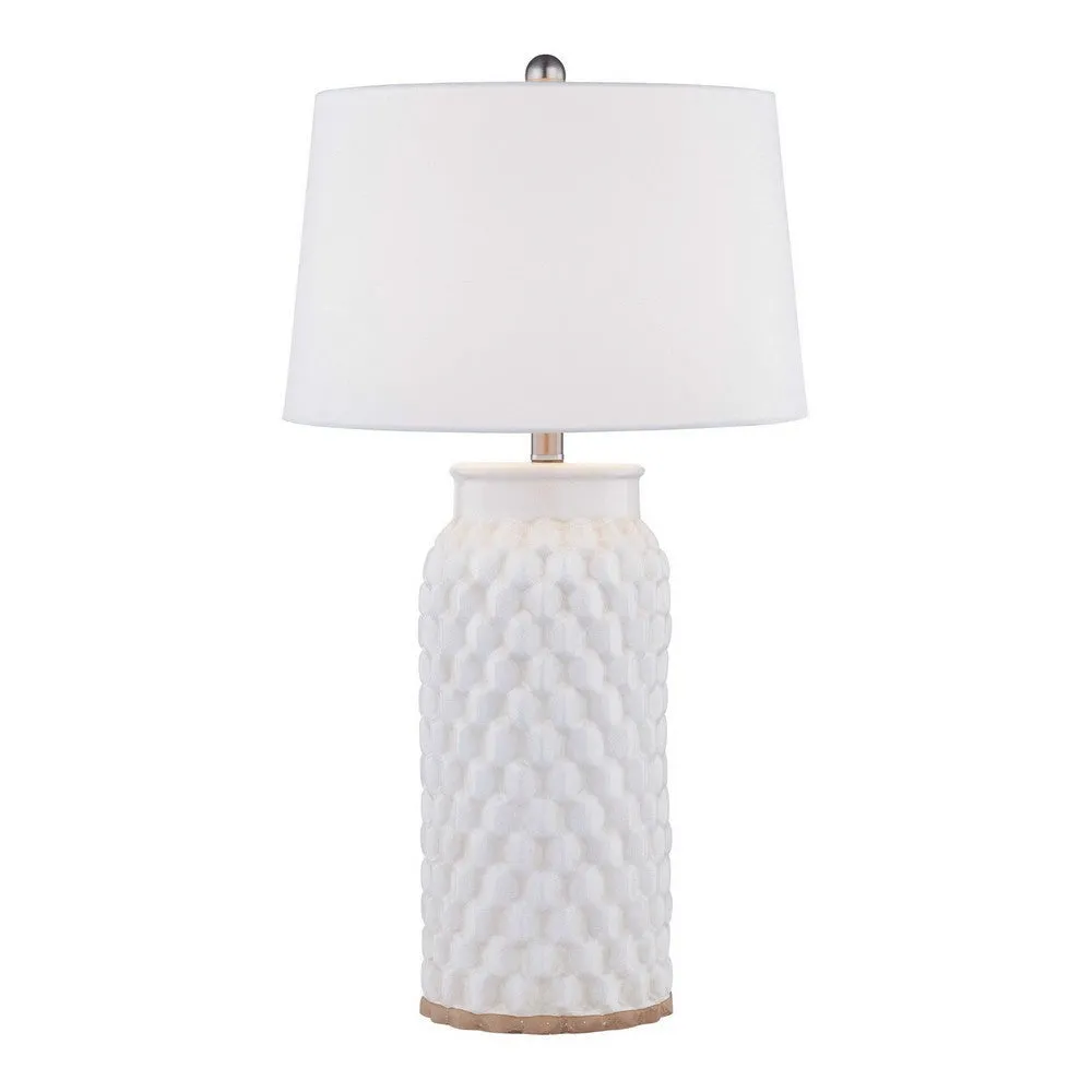 28 Inch Table Lamp, Textured Stand, Gold Trim, Ceramic, Crackle Cream By Casagear Home
