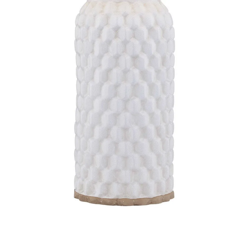 28 Inch Table Lamp, Textured Stand, Gold Trim, Ceramic, Crackle Cream By Casagear Home