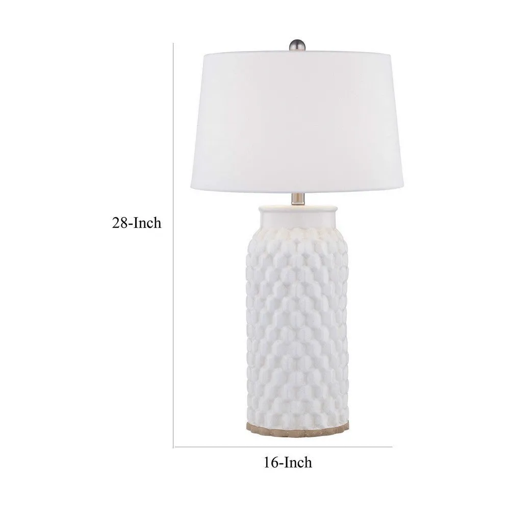 28 Inch Table Lamp, Textured Stand, Gold Trim, Ceramic, Crackle Cream By Casagear Home