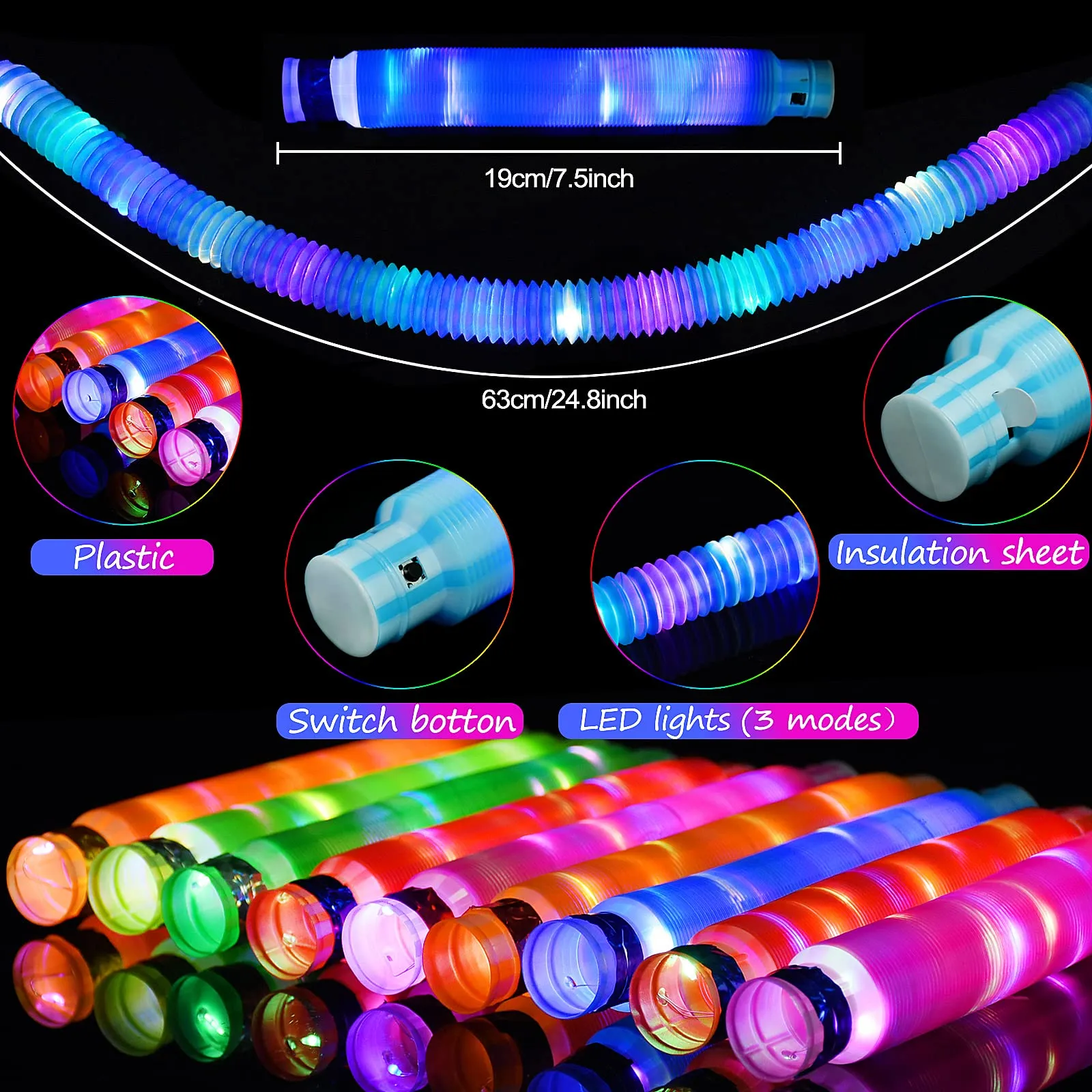 6 Colors LED Light up Fidget Tubes Party Favors LED Pop Tubes Glow in The Dark Tubes Bulk for Party