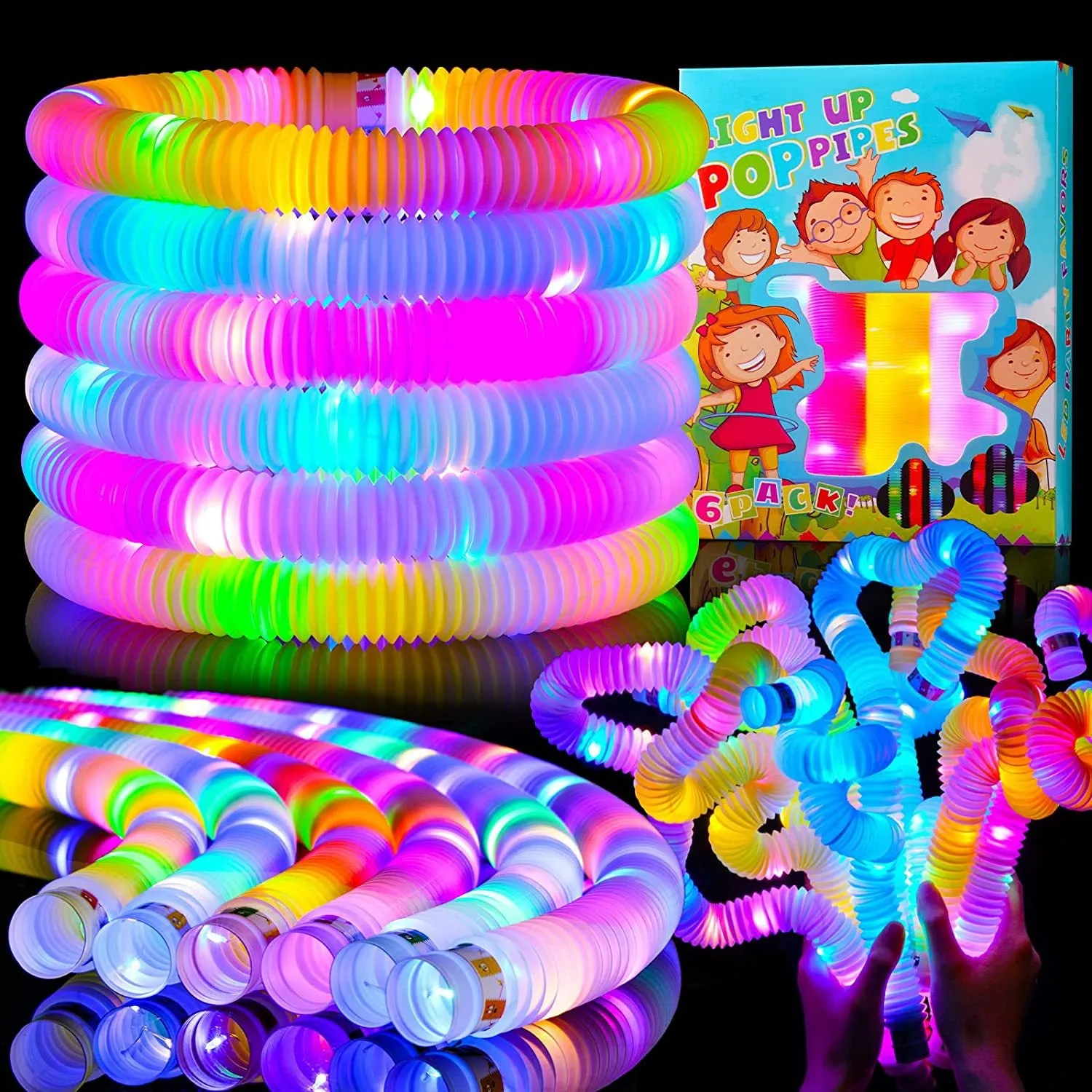 6 Colors LED Light up Fidget Tubes Party Favors LED Pop Tubes Glow in The Dark Tubes Bulk for Party