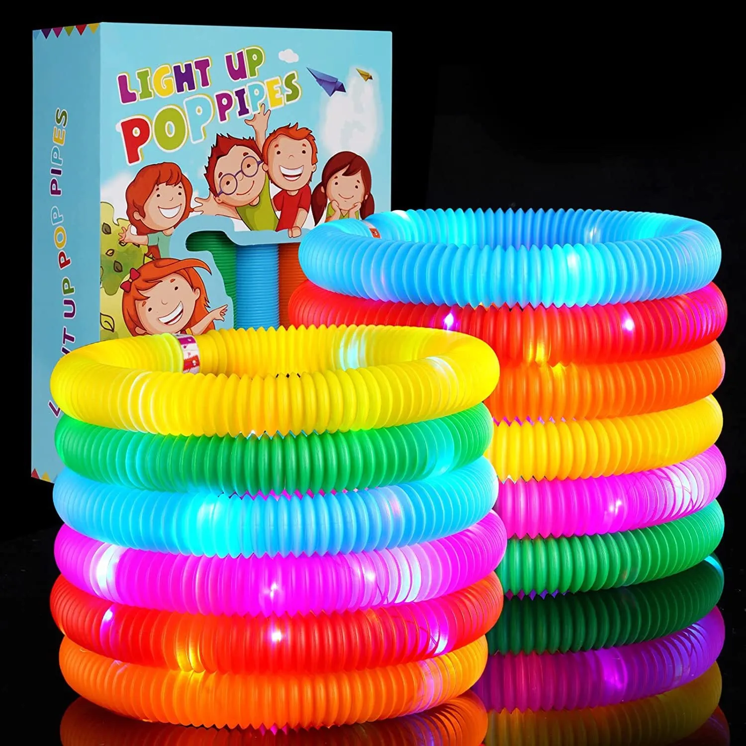 6 Colors LED Light up Fidget Tubes Party Favors LED Pop Tubes Glow in The Dark Tubes Bulk for Party