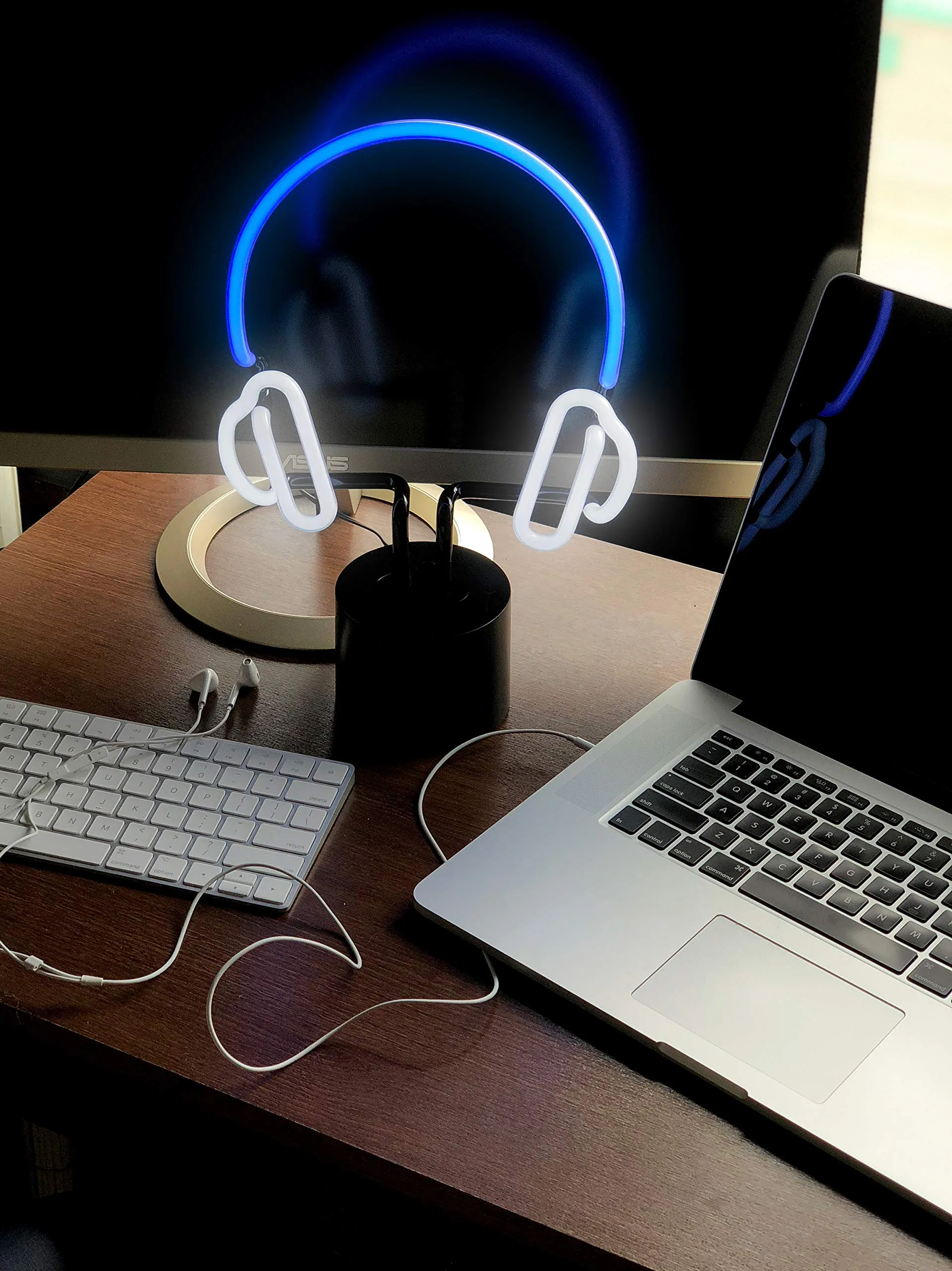 Amped & Co Headphones Neon Desk Light, Real Neon, Blue and White, Large 13x9 inches, Home