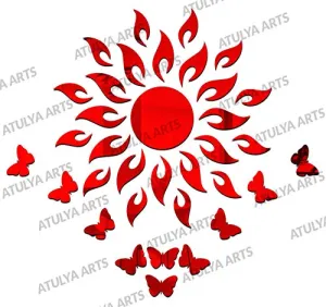 Atulya Arts Sun Mirror Wall Sticker 3D Decorative Acrylic Mirror Stickers for Wall Bedroom Living Room Decoration with 10 Butterflies (45cm X 45cm) (Red)