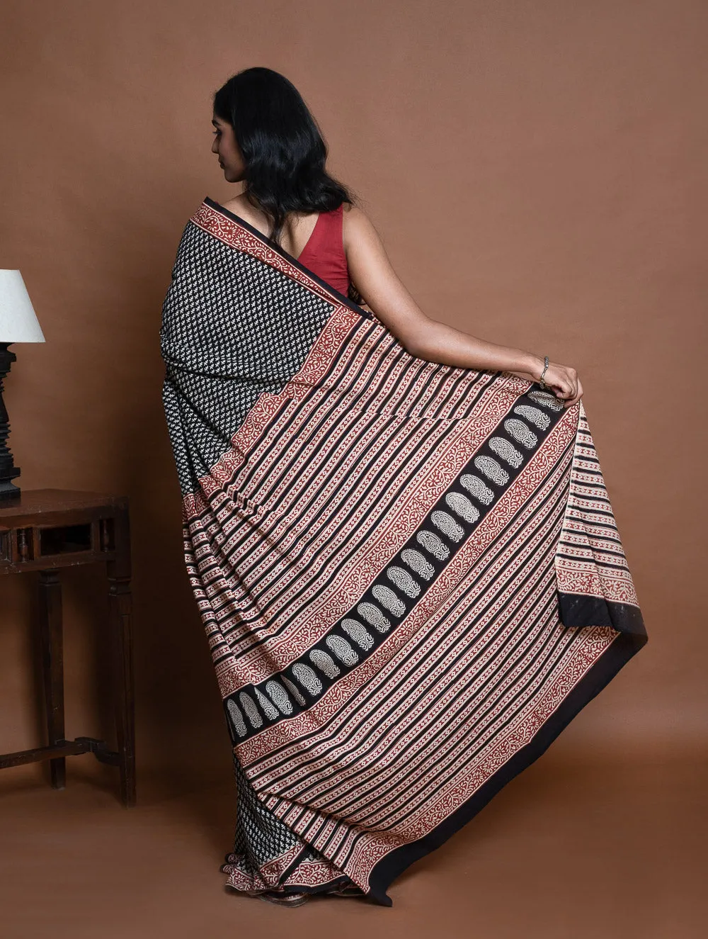 Bagru Statements. Hand Block Printed Mul Cotton Saree - Black Buds