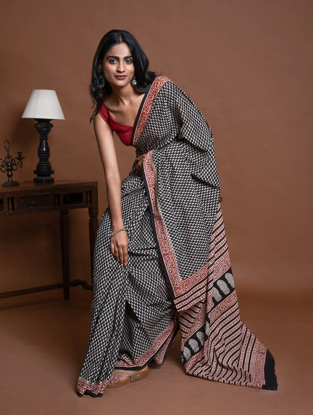 Bagru Statements. Hand Block Printed Mul Cotton Saree - Black Buds