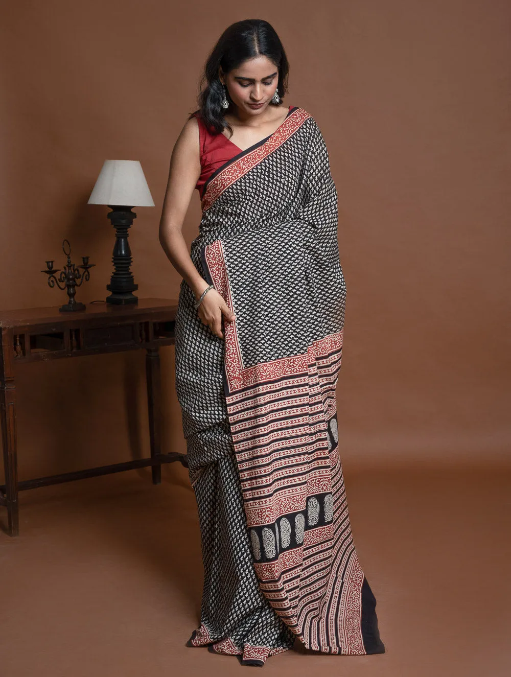 Bagru Statements. Hand Block Printed Mul Cotton Saree - Black Buds