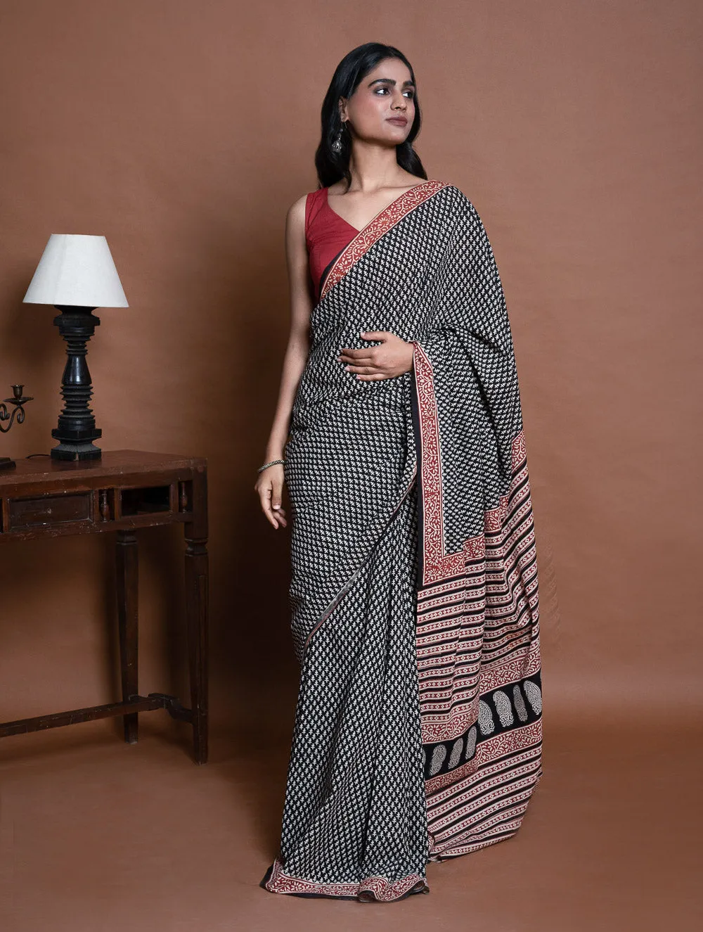 Bagru Statements. Hand Block Printed Mul Cotton Saree - Black Buds