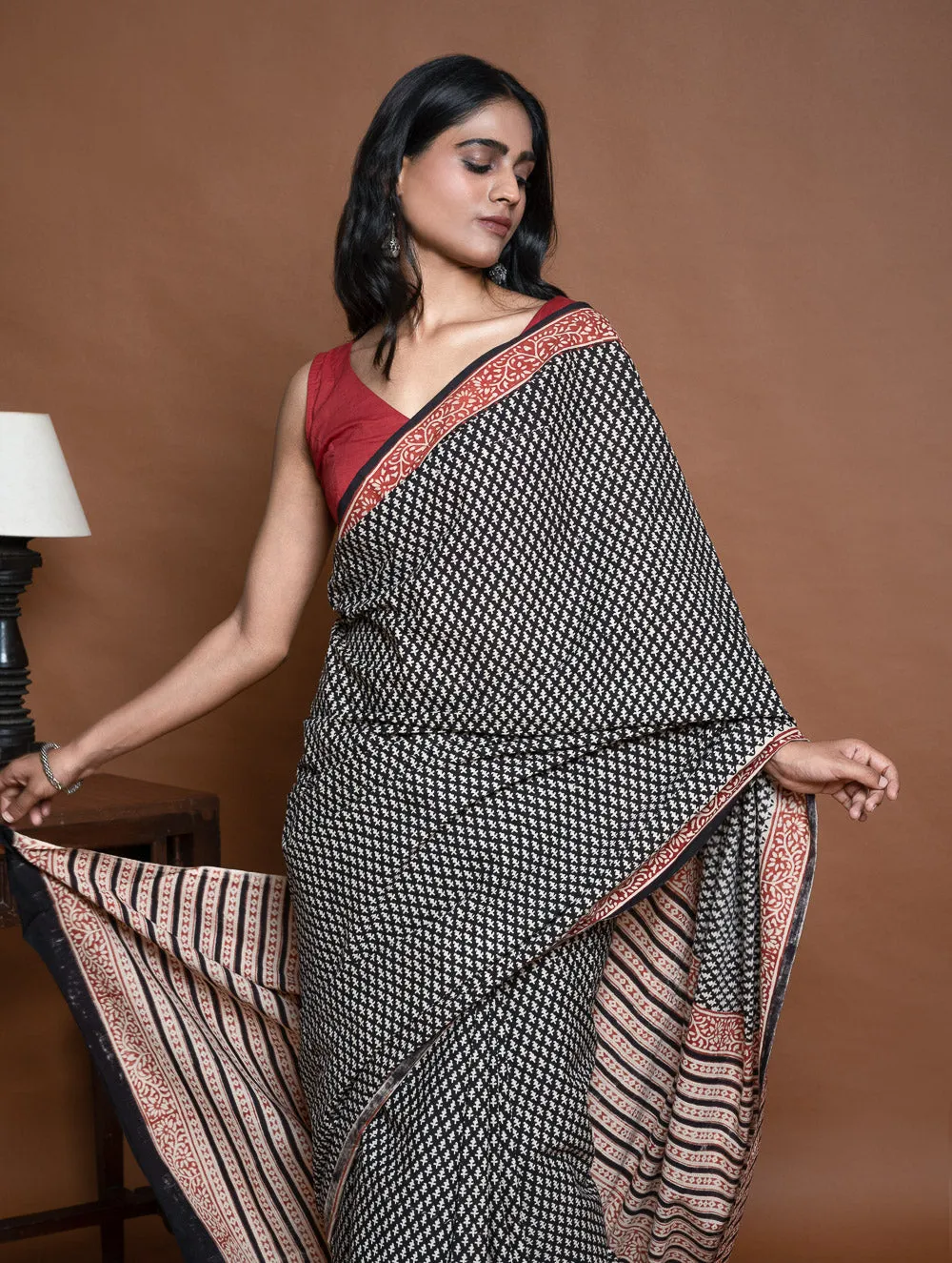 Bagru Statements. Hand Block Printed Mul Cotton Saree - Black Buds