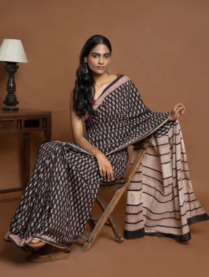 Bagru Statements. Hand Block Printed Mul Cotton Saree - Black Florets
