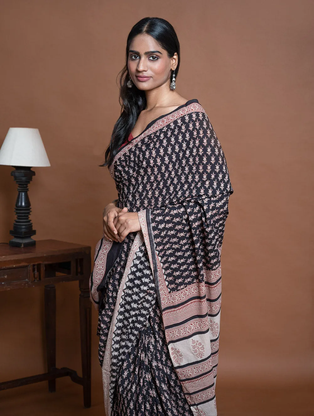 Bagru Statements. Hand Block Printed Mul Cotton Saree - Black Florets
