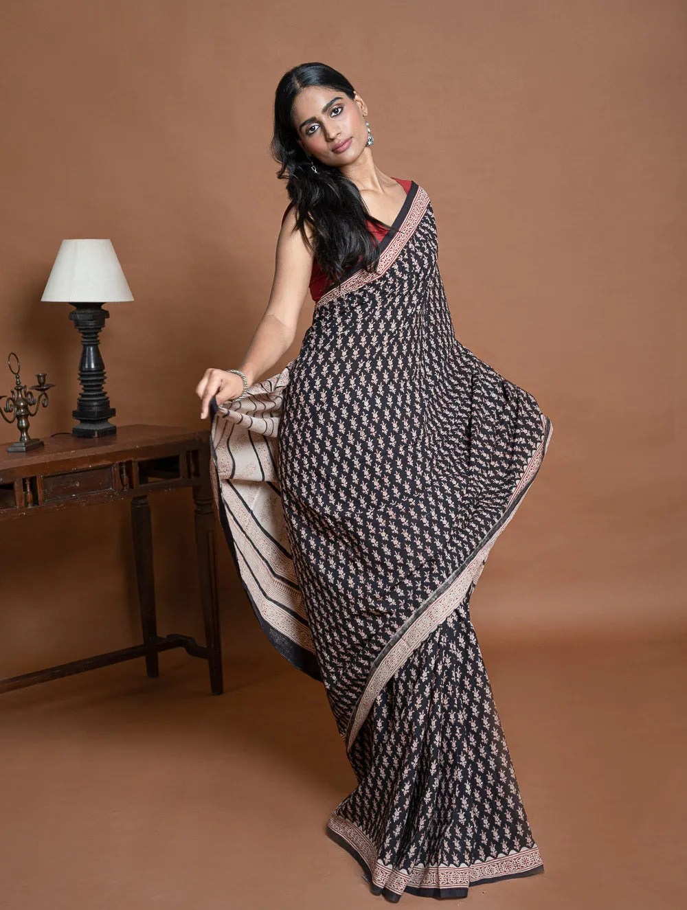 Bagru Statements. Hand Block Printed Mul Cotton Saree - Black Florets