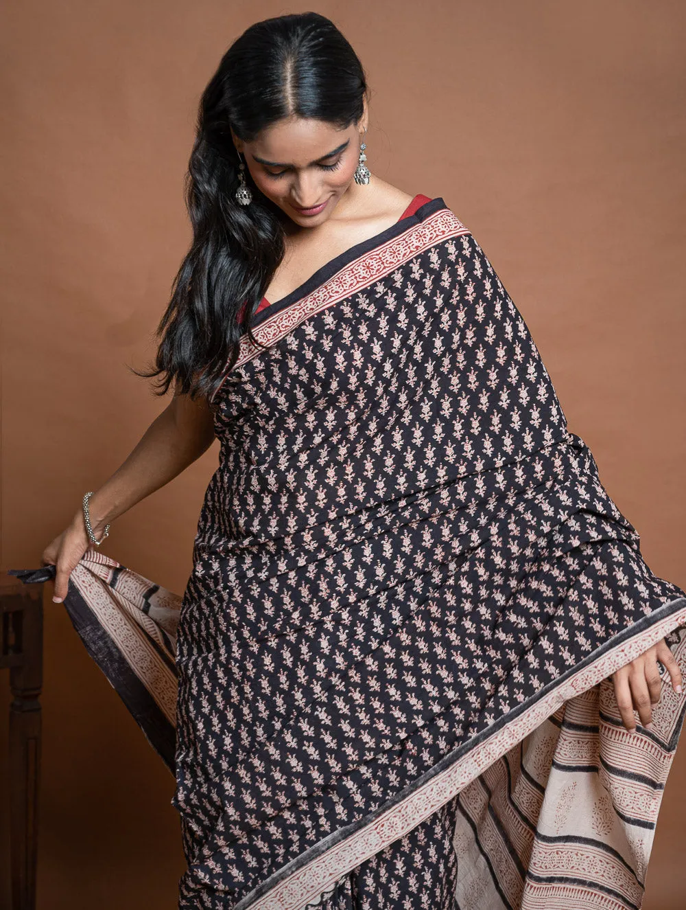 Bagru Statements. Hand Block Printed Mul Cotton Saree - Black Florets