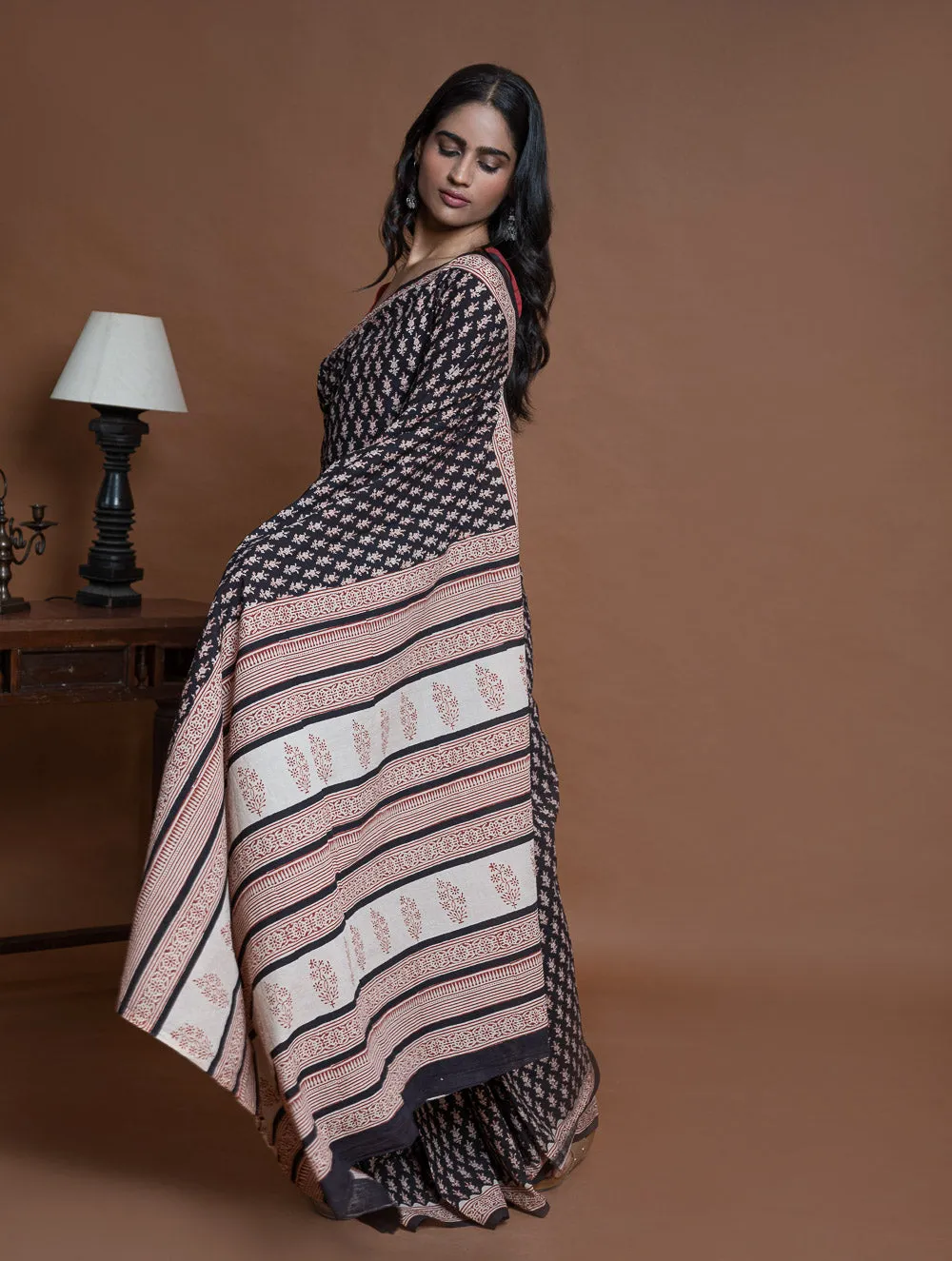 Bagru Statements. Hand Block Printed Mul Cotton Saree - Black Florets