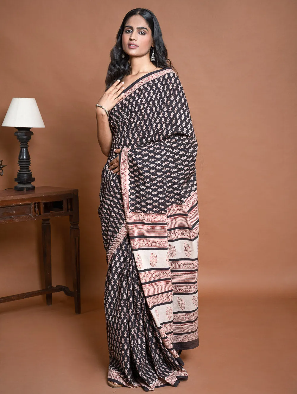 Bagru Statements. Hand Block Printed Mul Cotton Saree - Black Florets