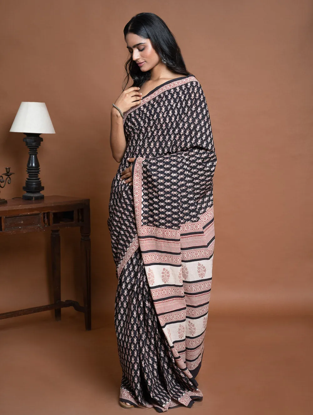 Bagru Statements. Hand Block Printed Mul Cotton Saree - Black Florets