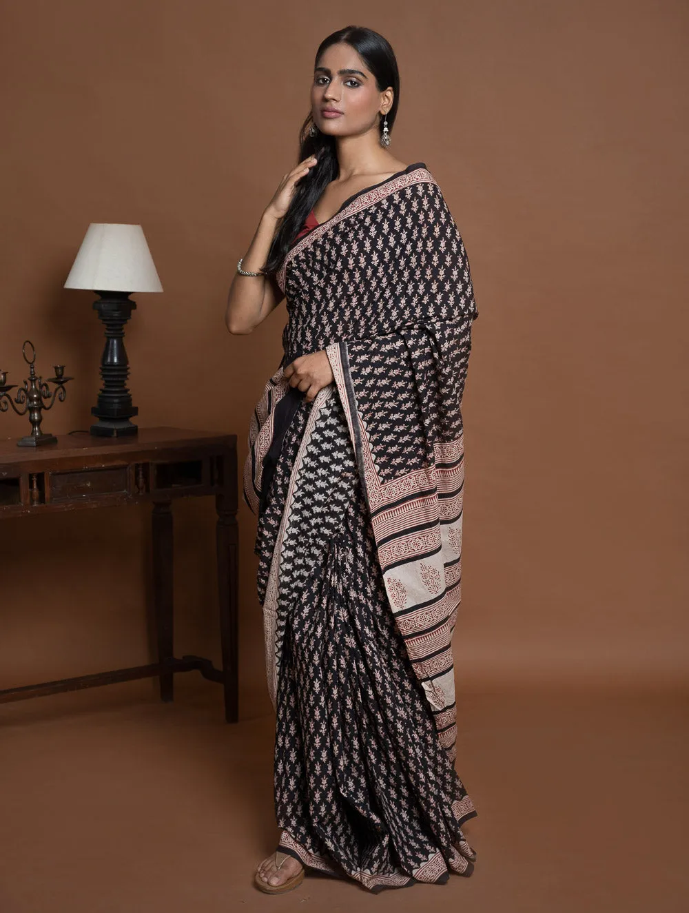 Bagru Statements. Hand Block Printed Mul Cotton Saree - Black Florets