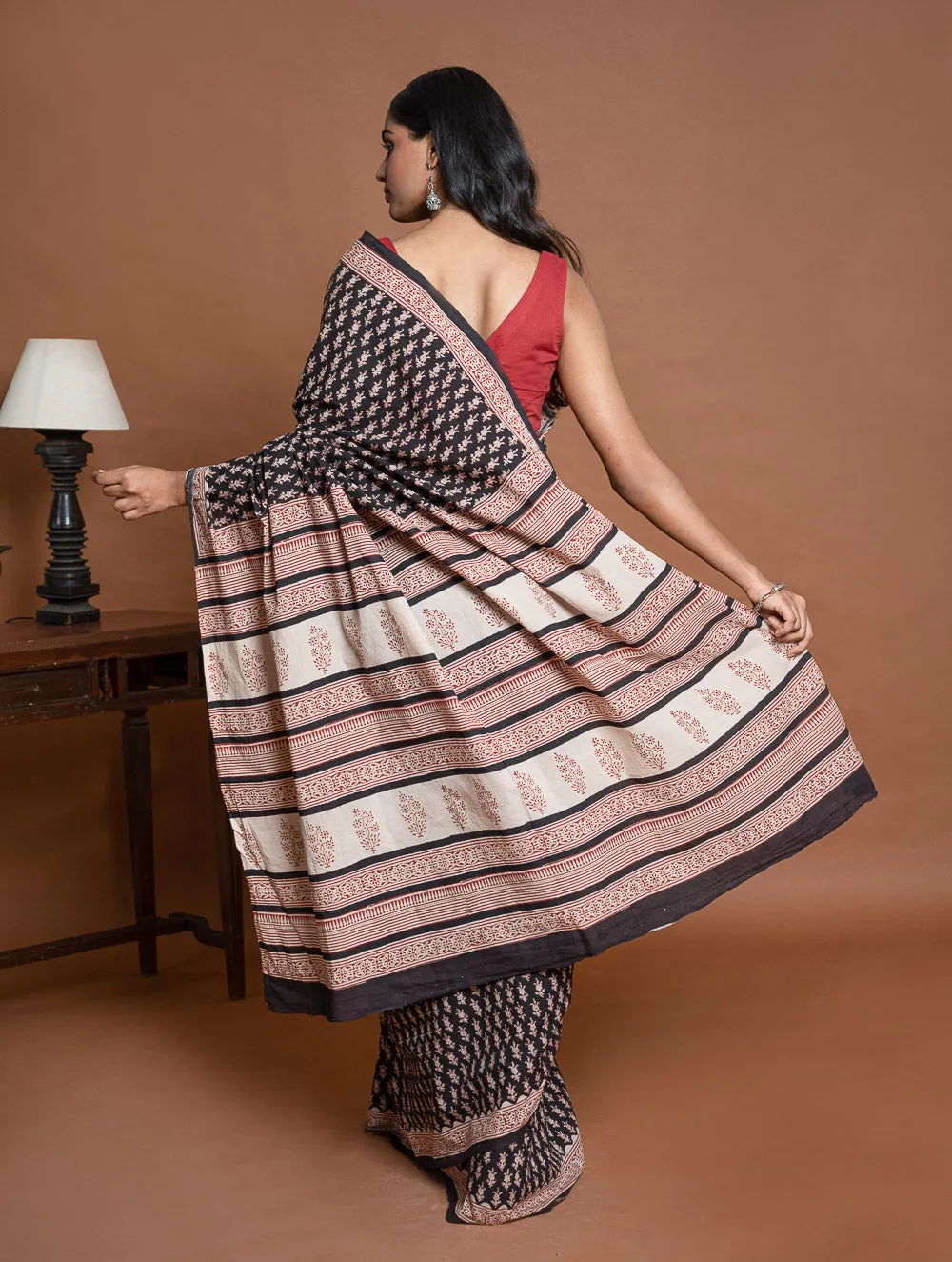 Bagru Statements. Hand Block Printed Mul Cotton Saree - Black Florets