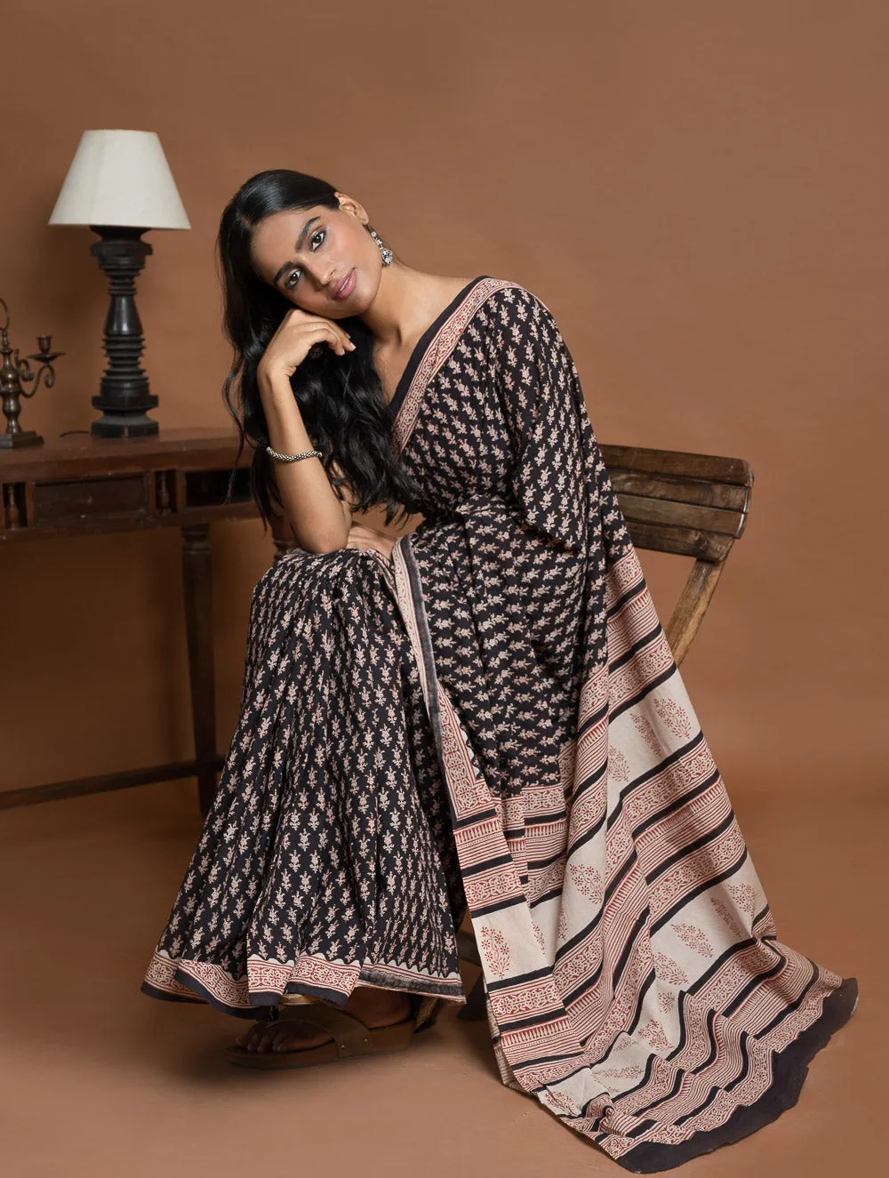 Bagru Statements. Hand Block Printed Mul Cotton Saree - Black Florets