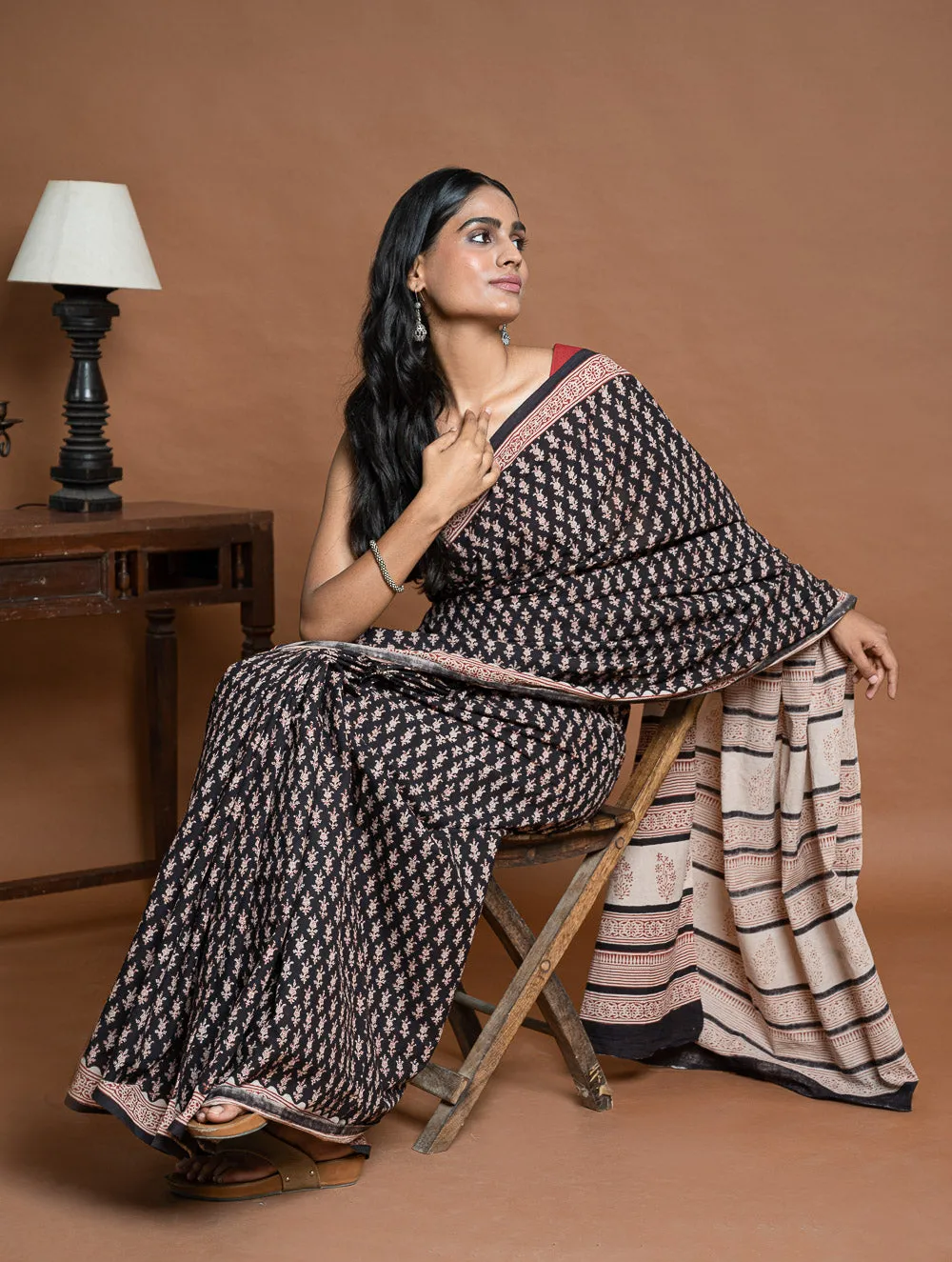 Bagru Statements. Hand Block Printed Mul Cotton Saree - Black Florets