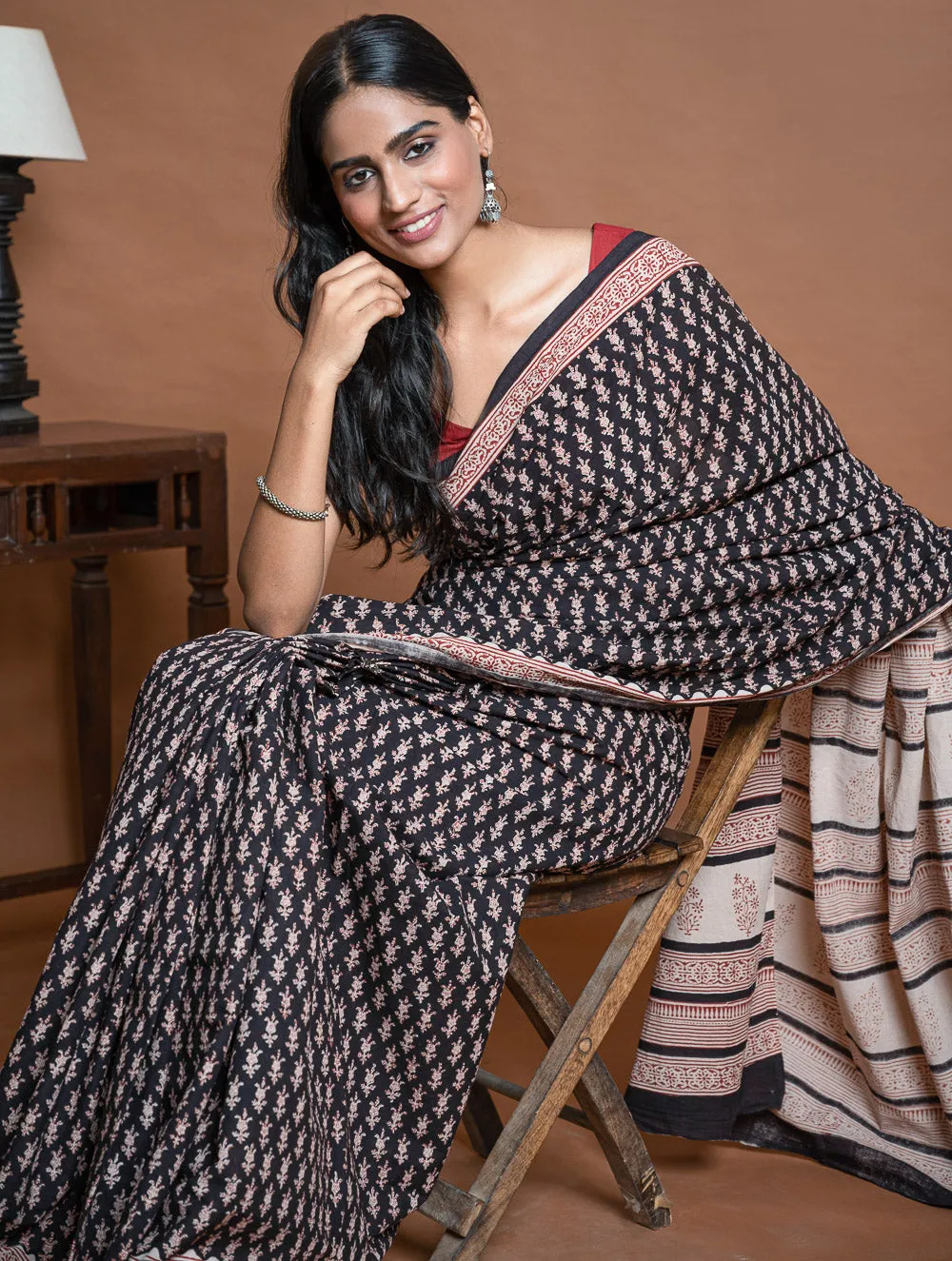 Bagru Statements. Hand Block Printed Mul Cotton Saree - Black Florets