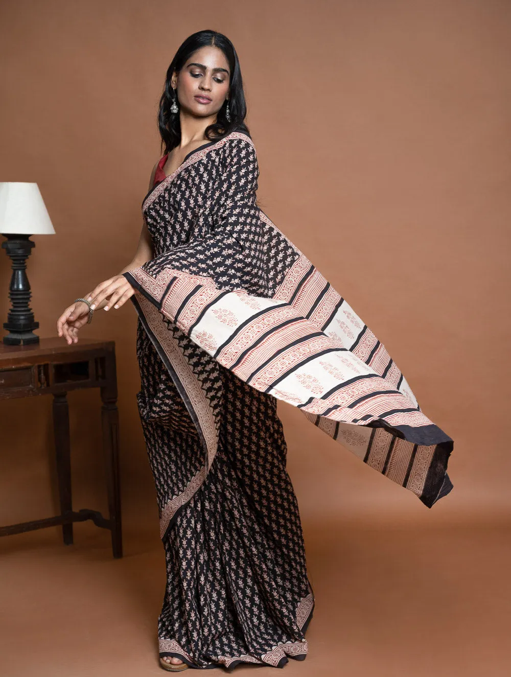 Bagru Statements. Hand Block Printed Mul Cotton Saree - Black Florets