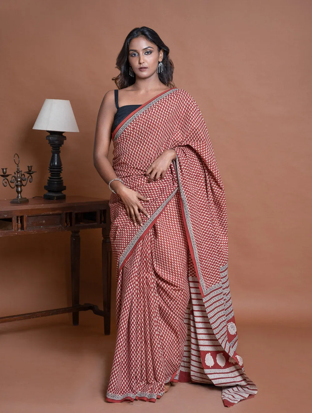 Bagru Statements. Hand Block Printed Mul Cotton Saree - Brick Buds