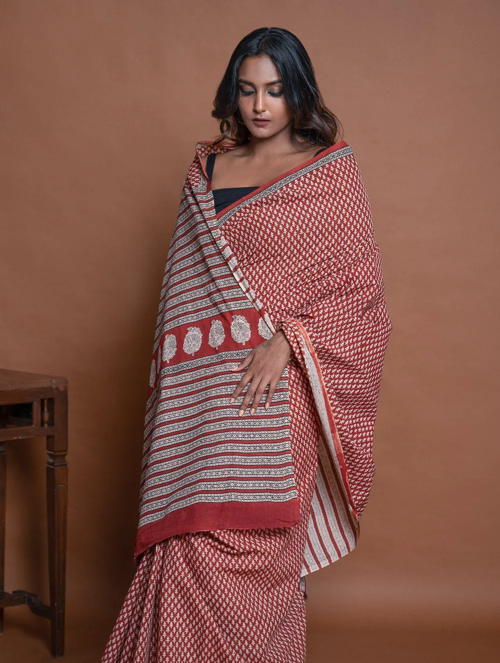 Bagru Statements. Hand Block Printed Mul Cotton Saree - Brick Buds