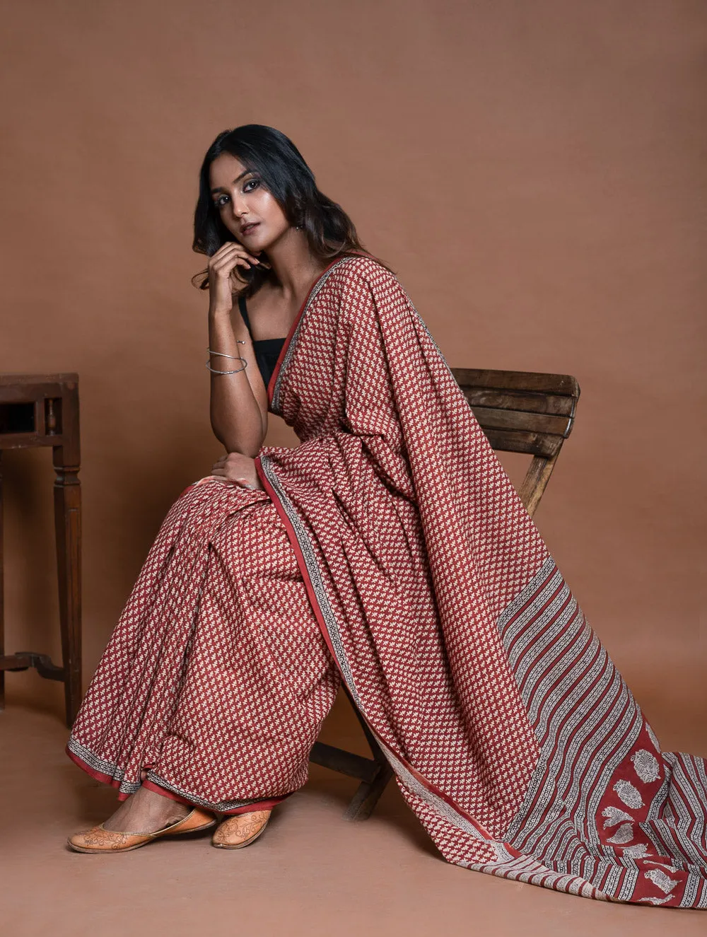 Bagru Statements. Hand Block Printed Mul Cotton Saree - Brick Buds
