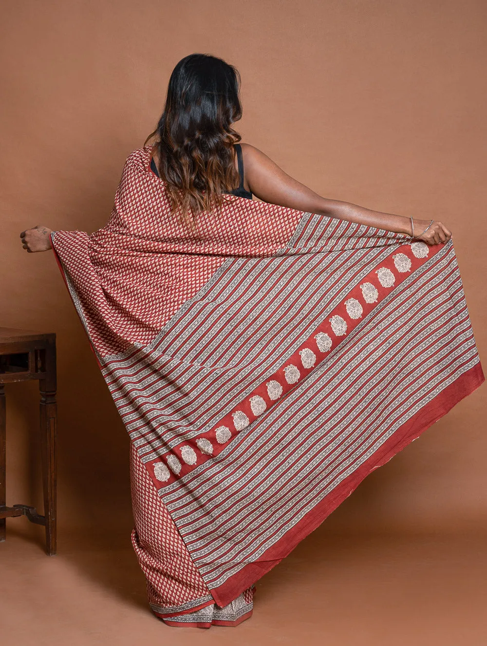 Bagru Statements. Hand Block Printed Mul Cotton Saree - Brick Buds