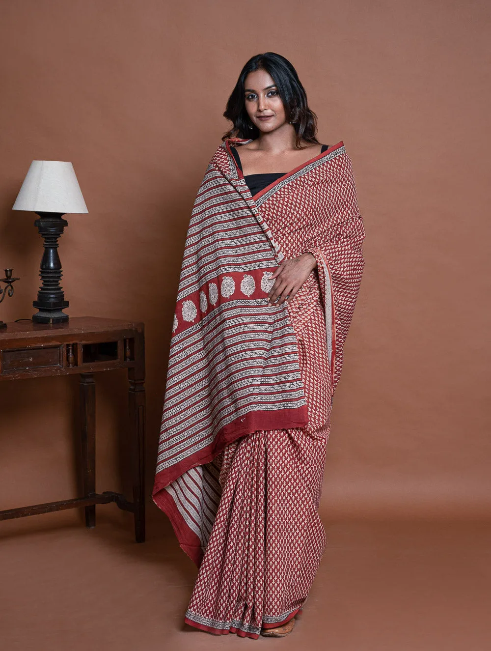 Bagru Statements. Hand Block Printed Mul Cotton Saree - Brick Buds