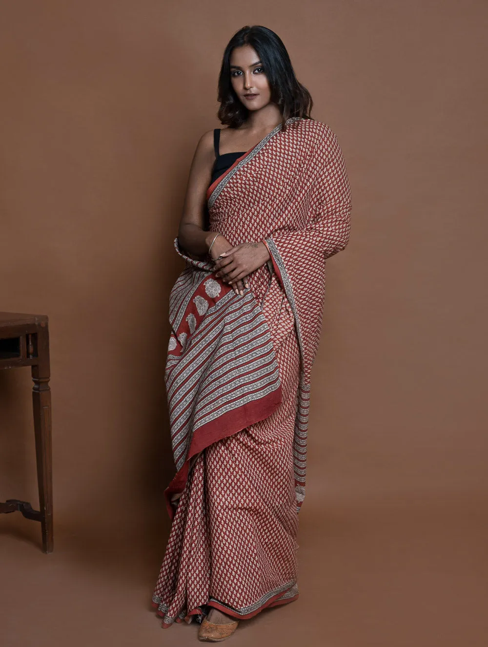 Bagru Statements. Hand Block Printed Mul Cotton Saree - Brick Buds