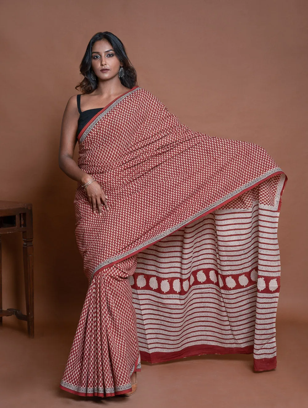 Bagru Statements. Hand Block Printed Mul Cotton Saree - Brick Buds
