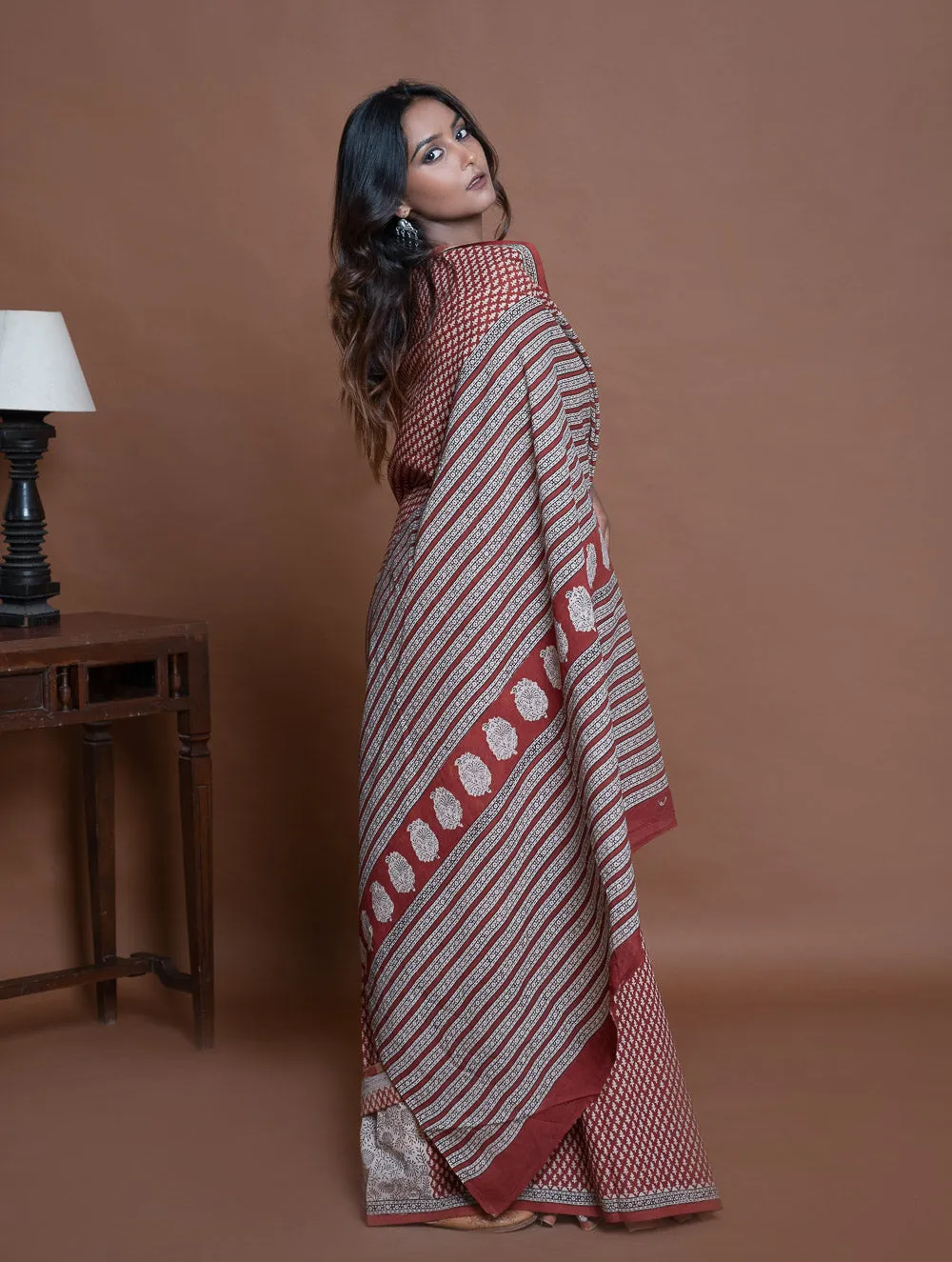 Bagru Statements. Hand Block Printed Mul Cotton Saree - Brick Buds
