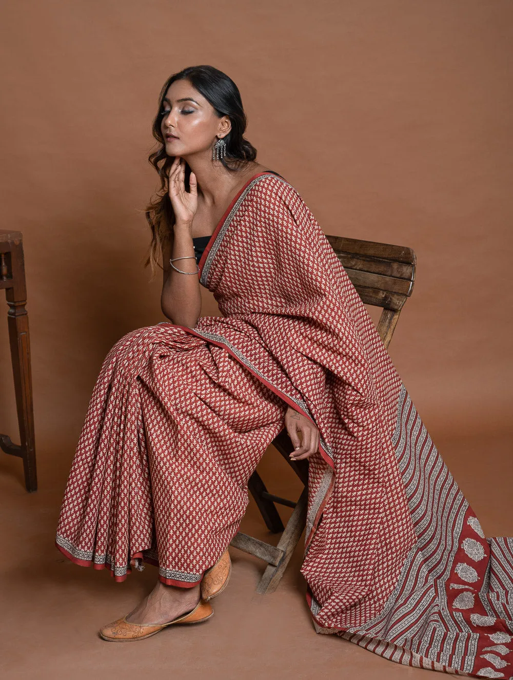 Bagru Statements. Hand Block Printed Mul Cotton Saree - Brick Buds