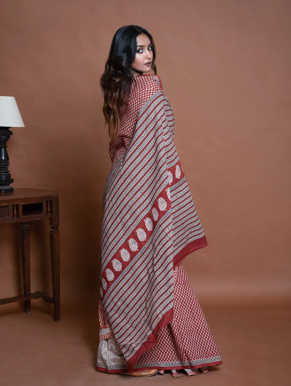 Bagru Statements. Hand Block Printed Mul Cotton Saree - Brick Buds