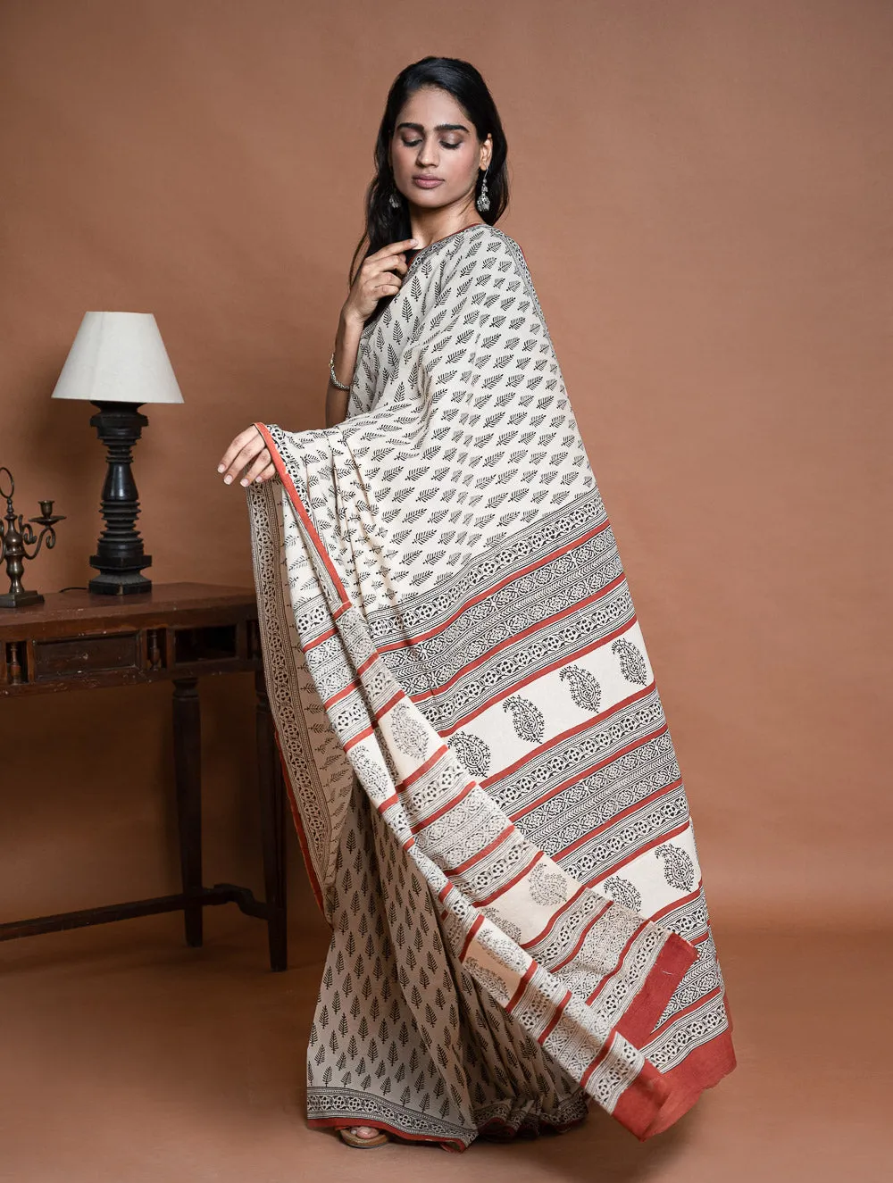 Bagru Statements. Hand Block Printed Mul Cotton Saree - Cream Leaf