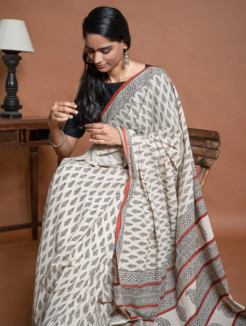 Bagru Statements. Hand Block Printed Mul Cotton Saree - Cream Leaf