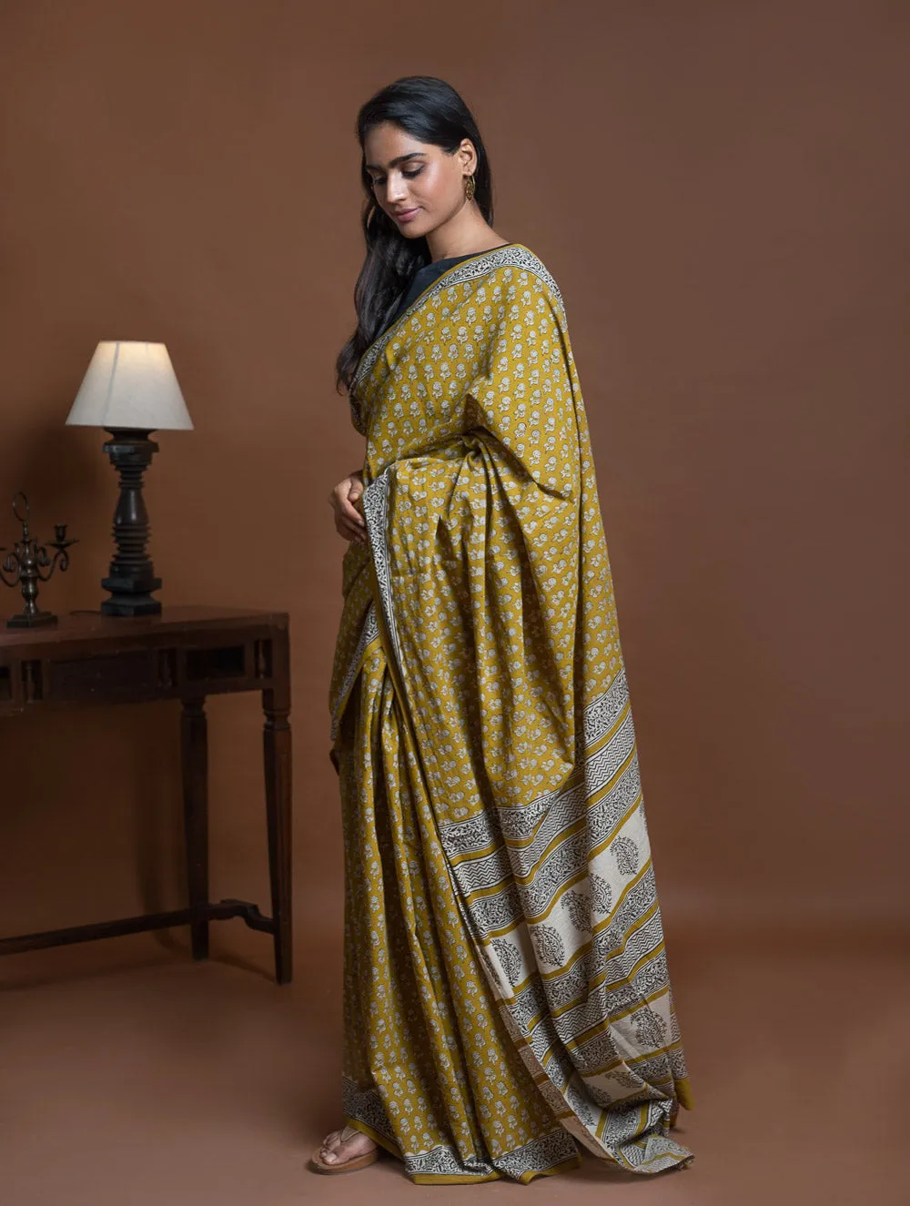 Bagru Statements. Hand Block Printed Mul Cotton Saree - Ochre Flora