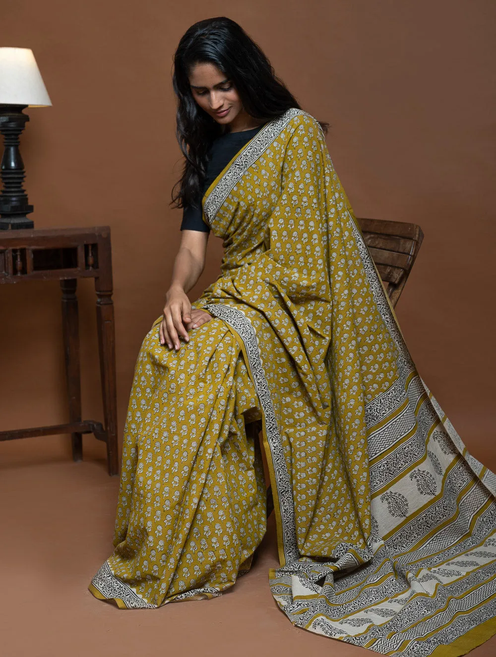 Bagru Statements. Hand Block Printed Mul Cotton Saree - Ochre Flora