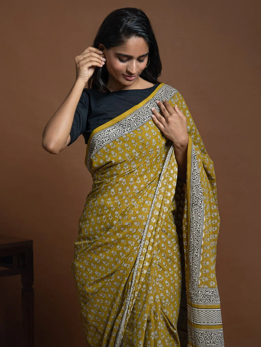 Bagru Statements. Hand Block Printed Mul Cotton Saree - Ochre Flora