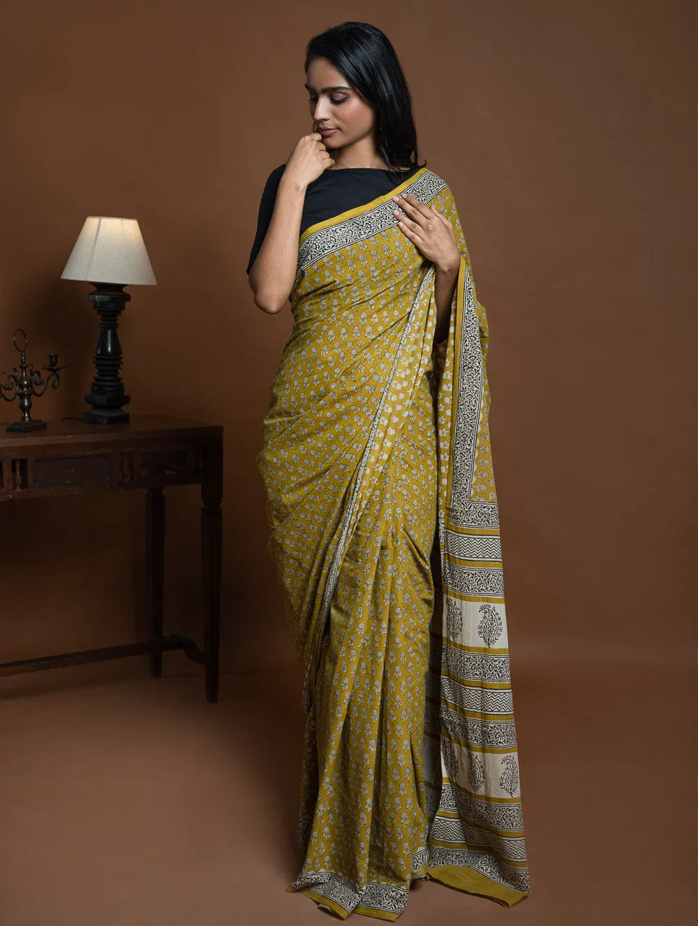 Bagru Statements. Hand Block Printed Mul Cotton Saree - Ochre Flora