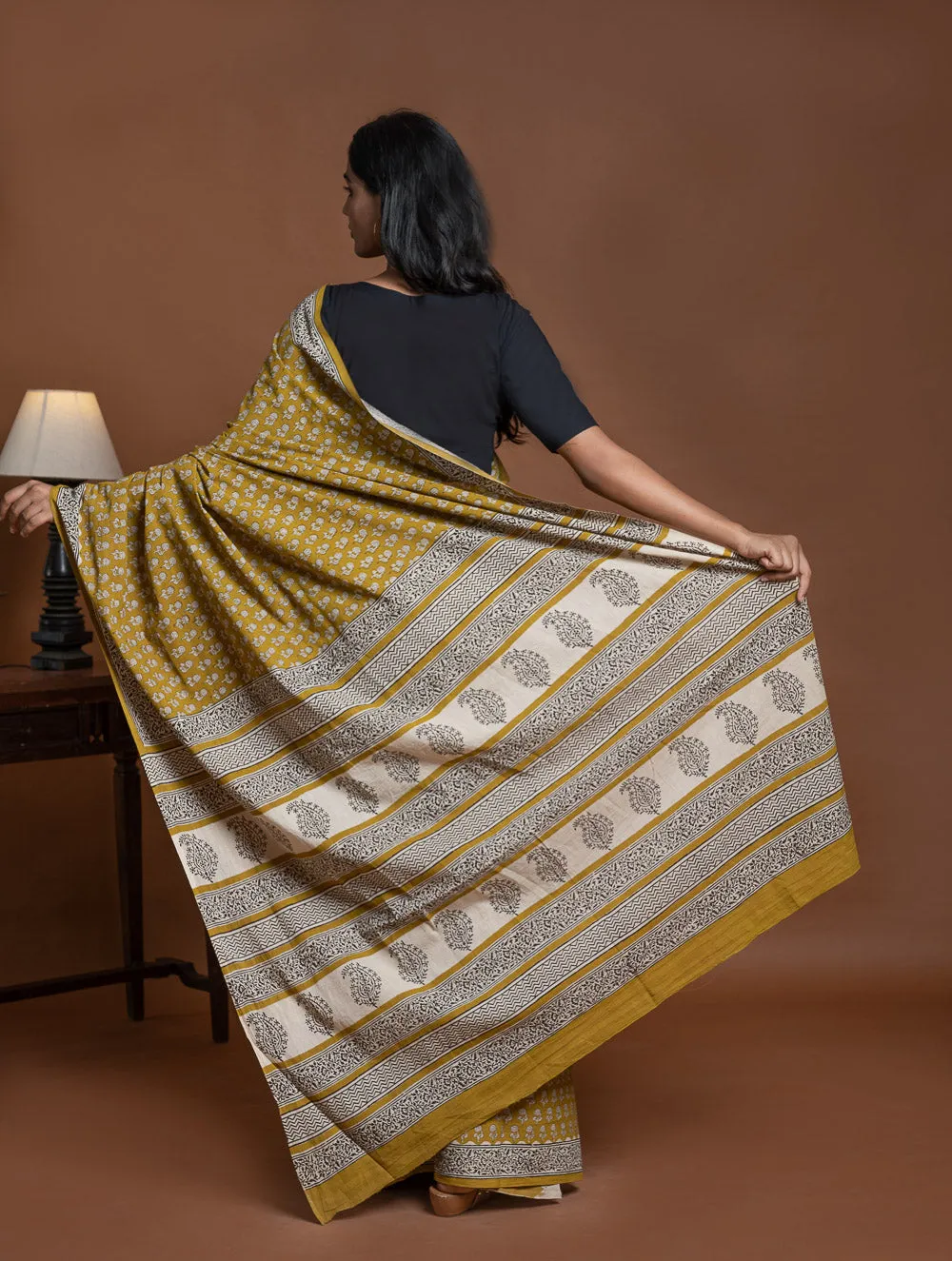 Bagru Statements. Hand Block Printed Mul Cotton Saree - Ochre Flora