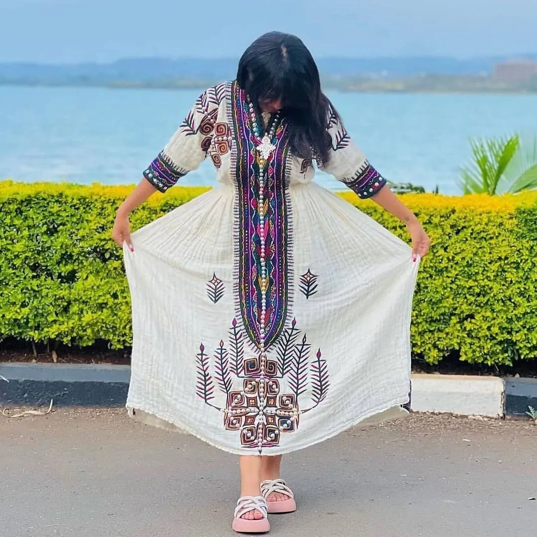 Beaded with Silver/Rhinestones Ethiopian Traditional Dress Modern Habesha Kemis Handwoven Habesha Libs Eritrean Dress ሀበሻ ቀሚስ ሀበሻ ልብስ