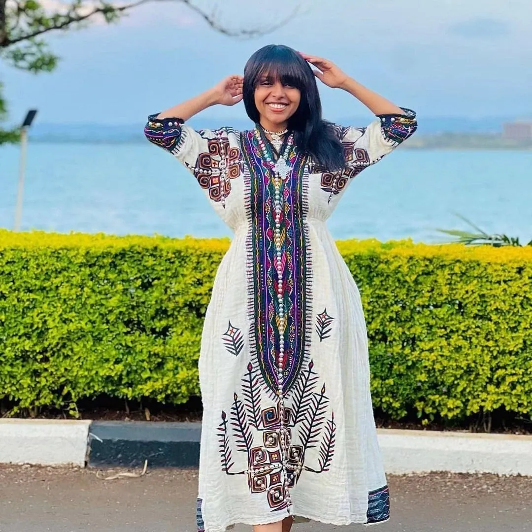 Beaded with Silver/Rhinestones Ethiopian Traditional Dress Modern Habesha Kemis Handwoven Habesha Libs Eritrean Dress ሀበሻ ቀሚስ ሀበሻ ልብስ