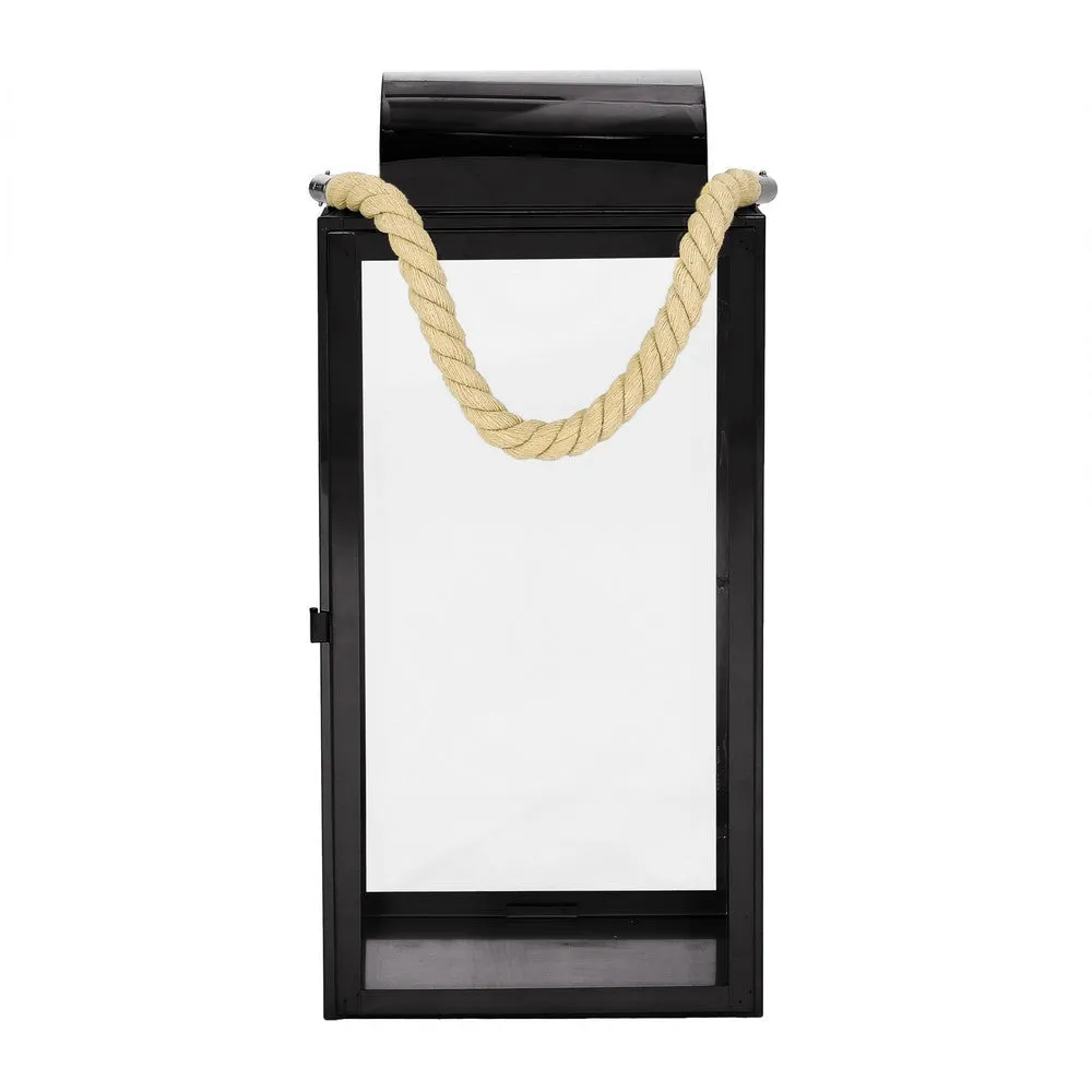 Bobby 19 Inch Lantern, Black Stainless Steel, Curved Cap, Rope Handle By Casagear Home