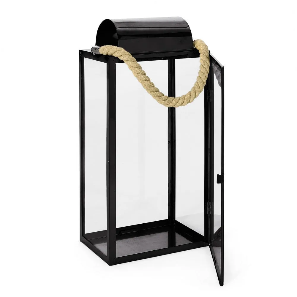 Bobby 19 Inch Lantern, Black Stainless Steel, Curved Cap, Rope Handle By Casagear Home